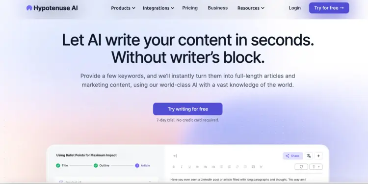 Captura de tela da página inicial do Hypotenuse AI Captura de tela da página inicial do Hypotenuse AI