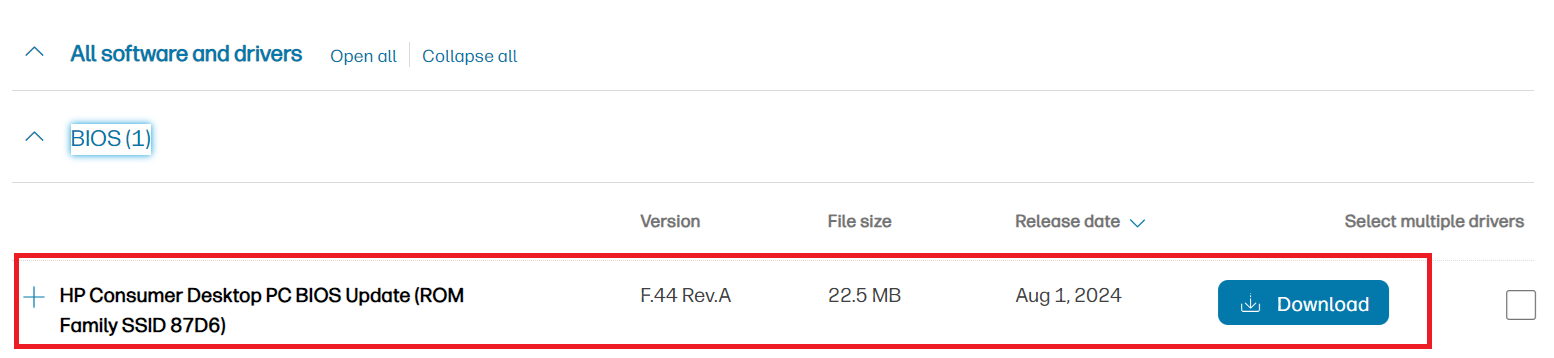 Seleccionar la actualización de BIOS en la página web de HP Imagem: Seleccionar la actualización de BIOS en la página web de HP