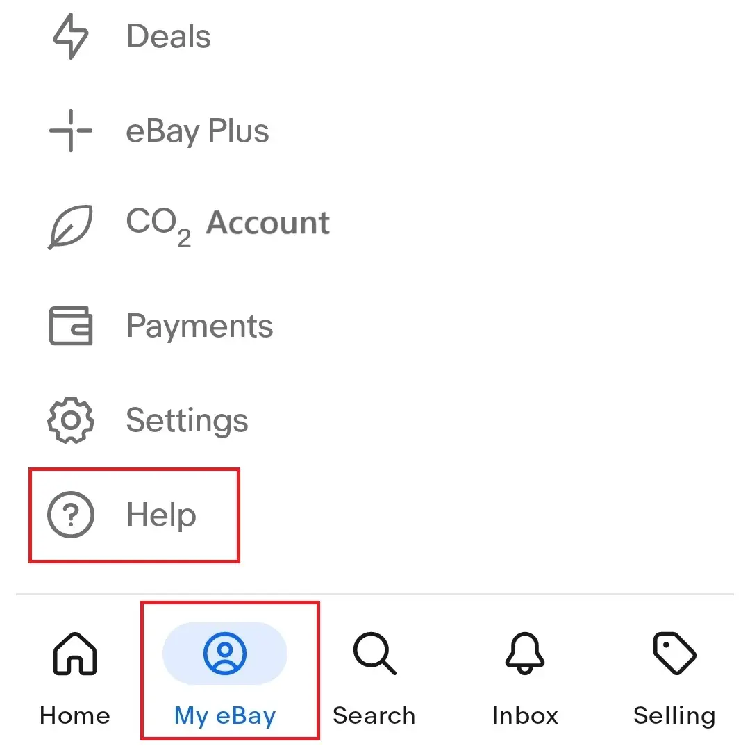 Imagem: Captura de pantalla del menú de la app de My eBay con la opción “Ayuda” en Android
