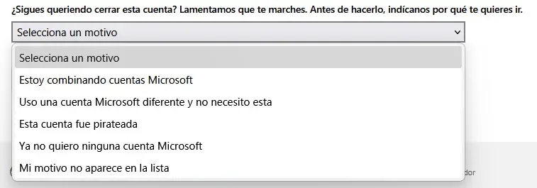 Imagem: Seleccionar un motivo para el cierre de la cuenta de Microsoft