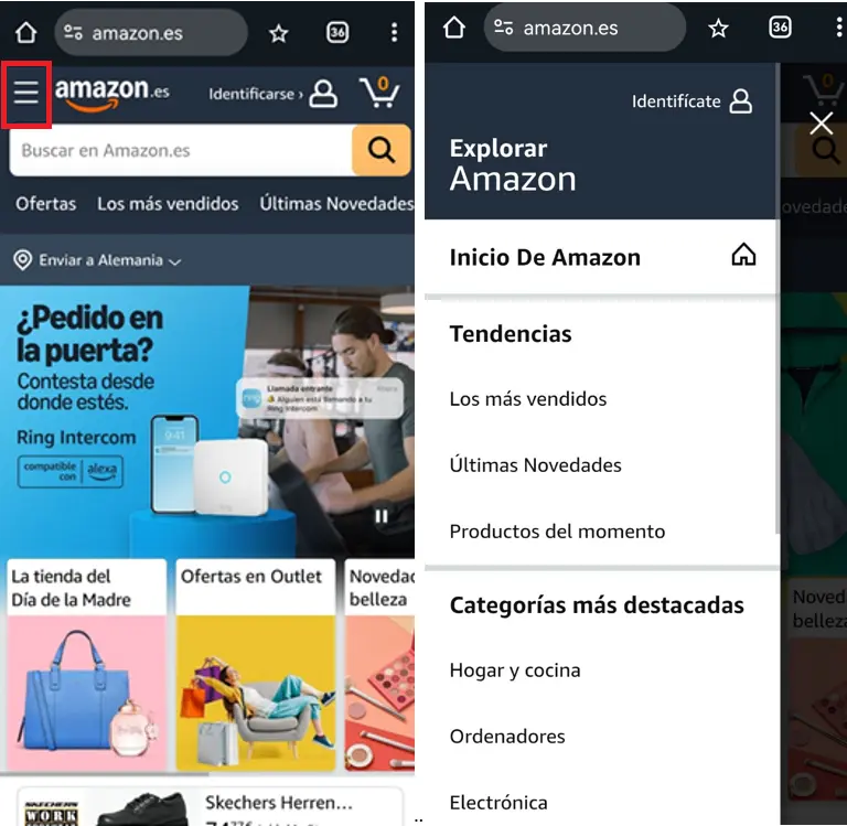 Imagem: Menú desplegable de amazon.es