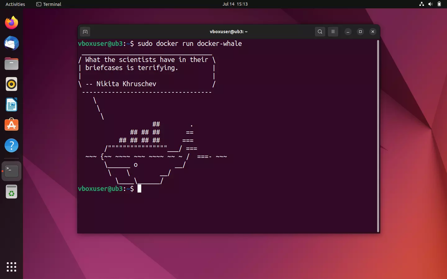 Imagem: Contenedor basado en docker-whale: salida del texto en la terminal