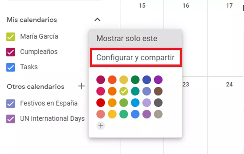 Imagem: Google Calendar: Menú de “Configurar y compartir”