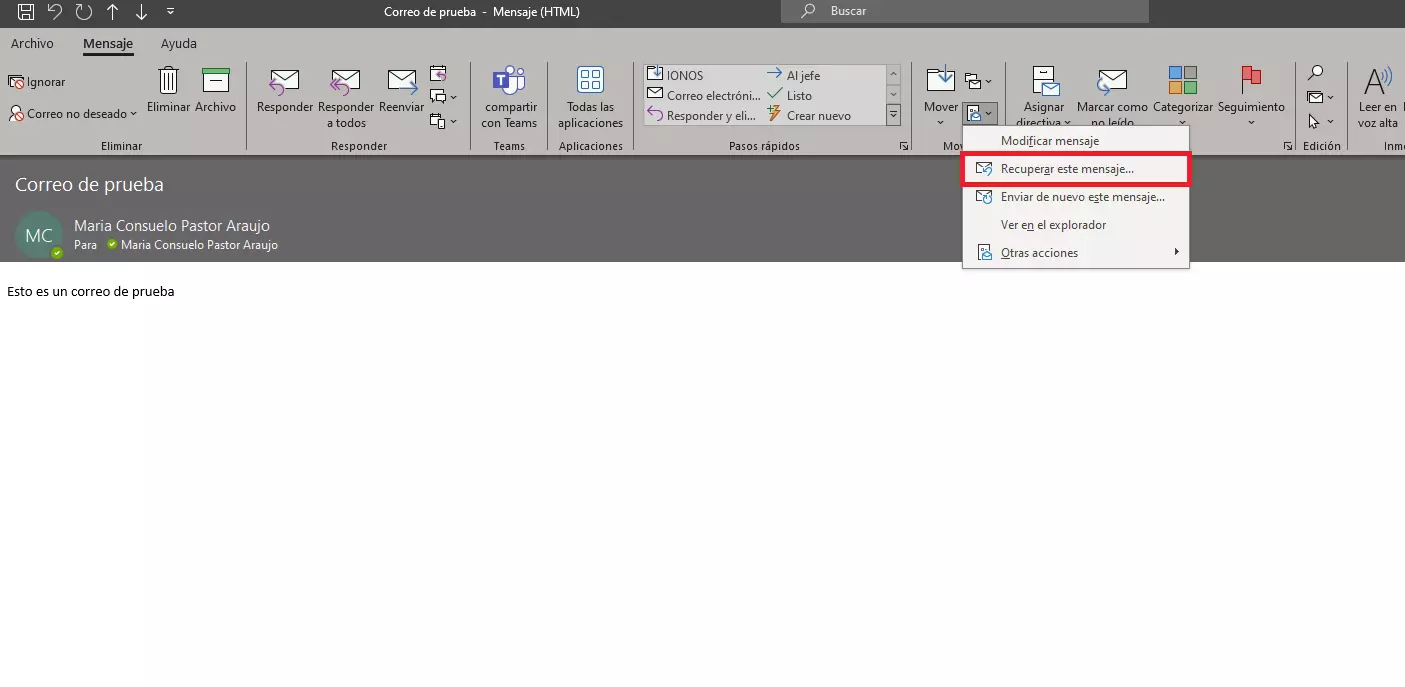 Imagem: La función Recuperar este mensaje…