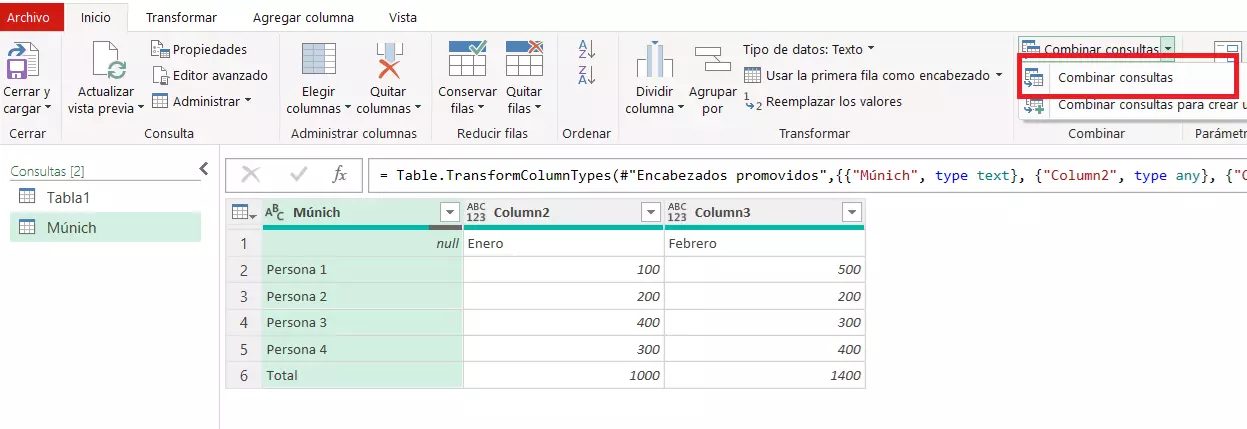 Ve a “Combinar” y clica “Combinar consultas” en el menú Imagem: Ve a “Combinar” y clica “Combinar consultas” en el menú