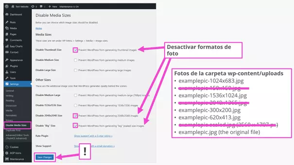 Imagem: Suprimir el tamaño óptimo de las imágenes de WordPress con un plugin