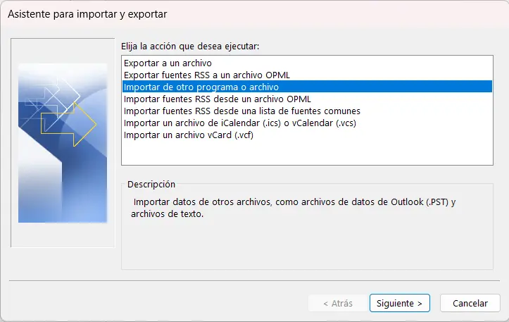 Imagem: Menú de inicio del asistente para importar o exportar en Outlook 365