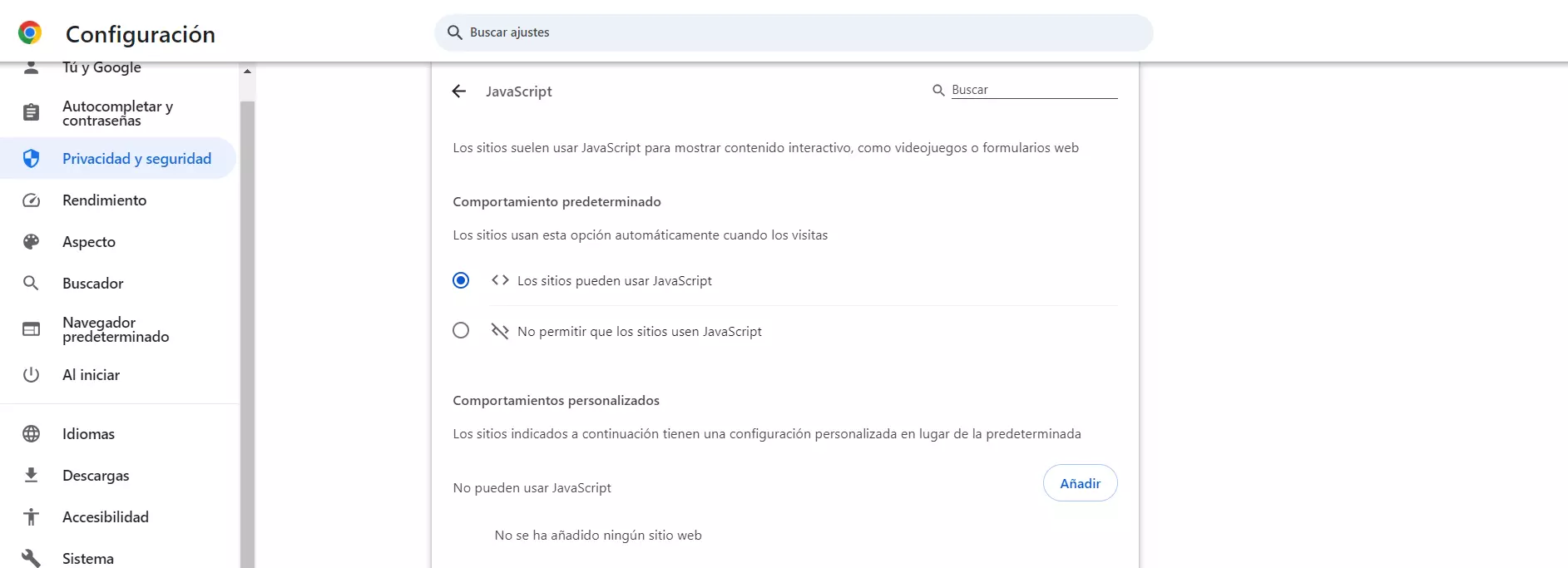 Ajustes de contenido para activar JavaScript en Chrome Imagem: Ajustes de contenido para activar JavaScript en Chrome