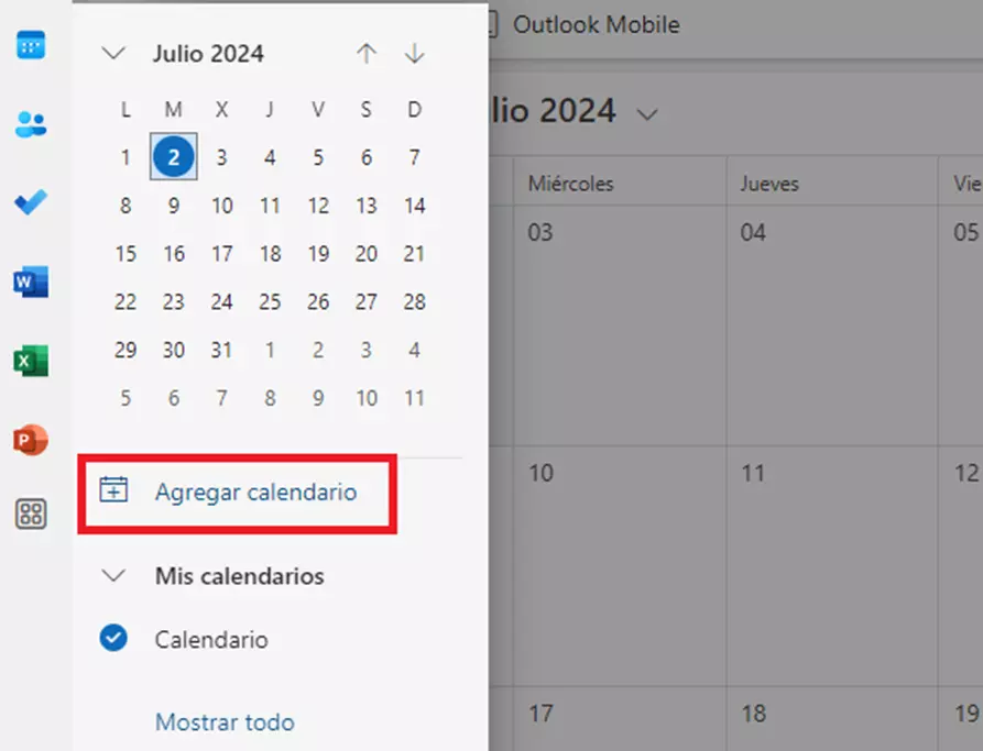 Imagem: Aplicación web de Outlook: agregar calendario
