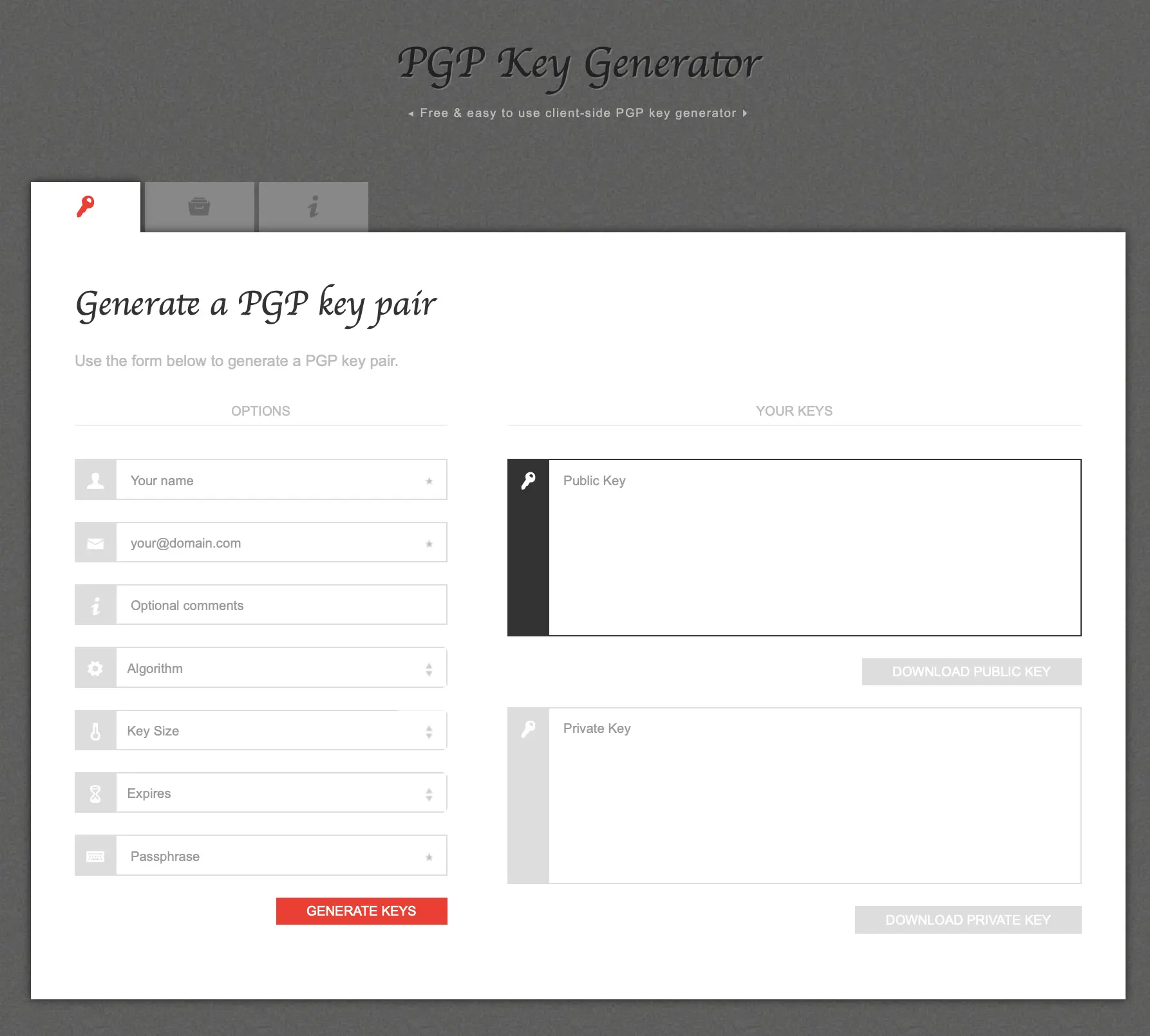 Imagem: Captura de pantalla de la página web PGP Key Generator