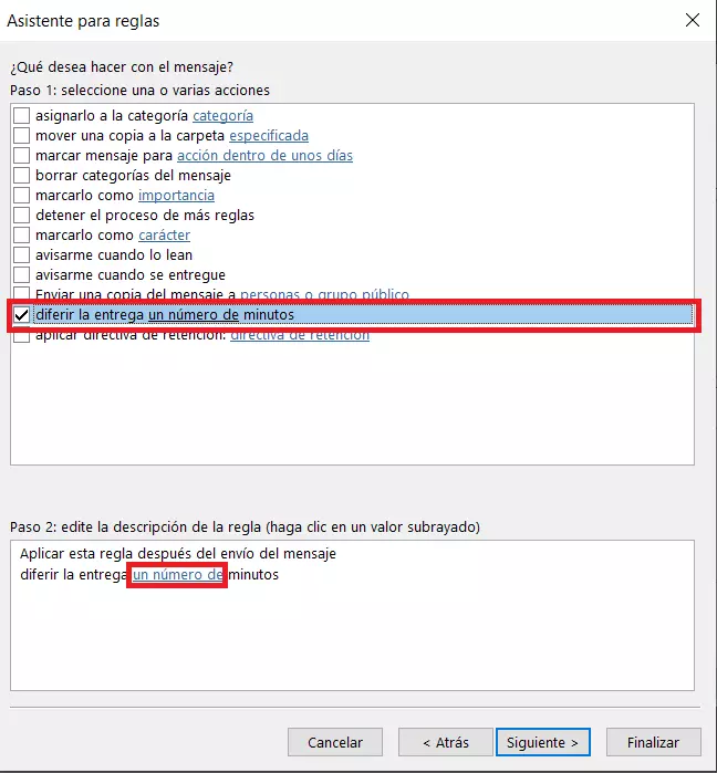 Imagem: Asistente para reglas: retrasar el envío de mensajes por un tiempo determinado