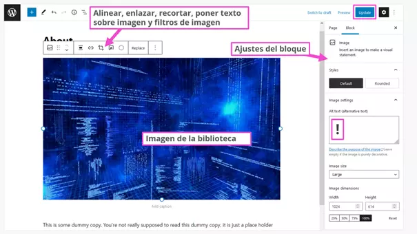 Imagem: Define las medidas más adecuadas de una imagen en la página/bloque de WordPress