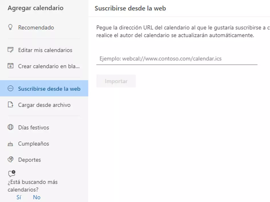 Imagem: OWA: añadir archivo de calendario desde la web
