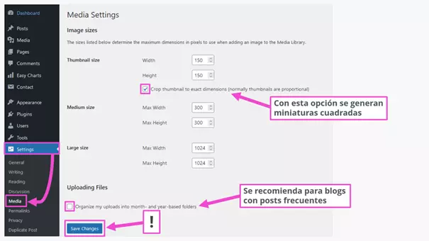 Imagem: Configuración del tamaño de las imágenes en el panel de control de WordPress