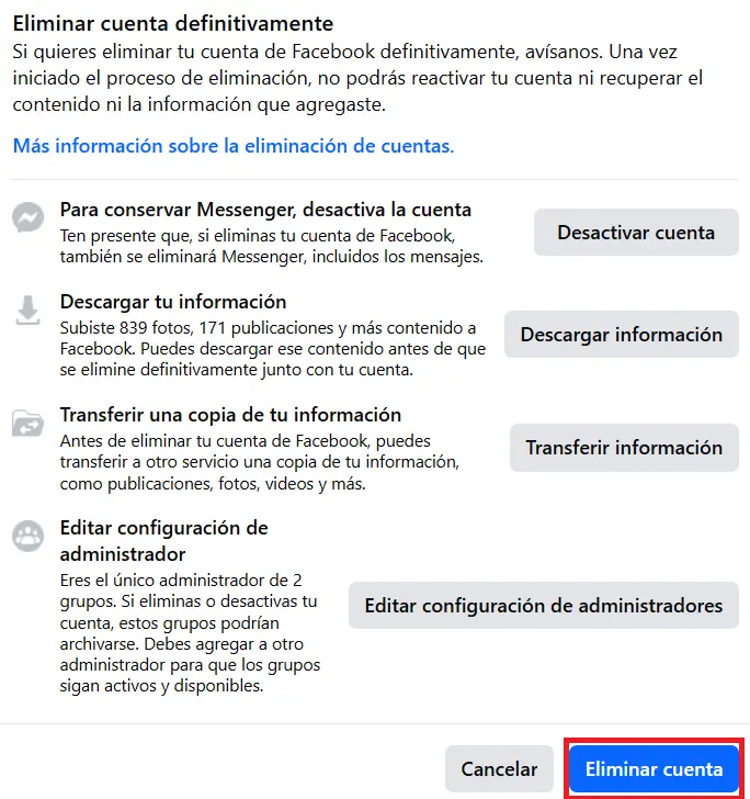 Imagem: Facebook: eliminar cuenta de forma permanente