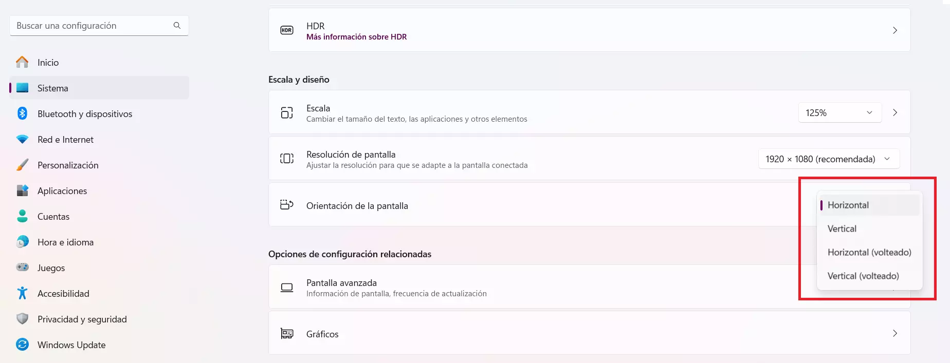 Imagem: Captura de pantalla con opciones de orientación de pantalla en Windows 11
