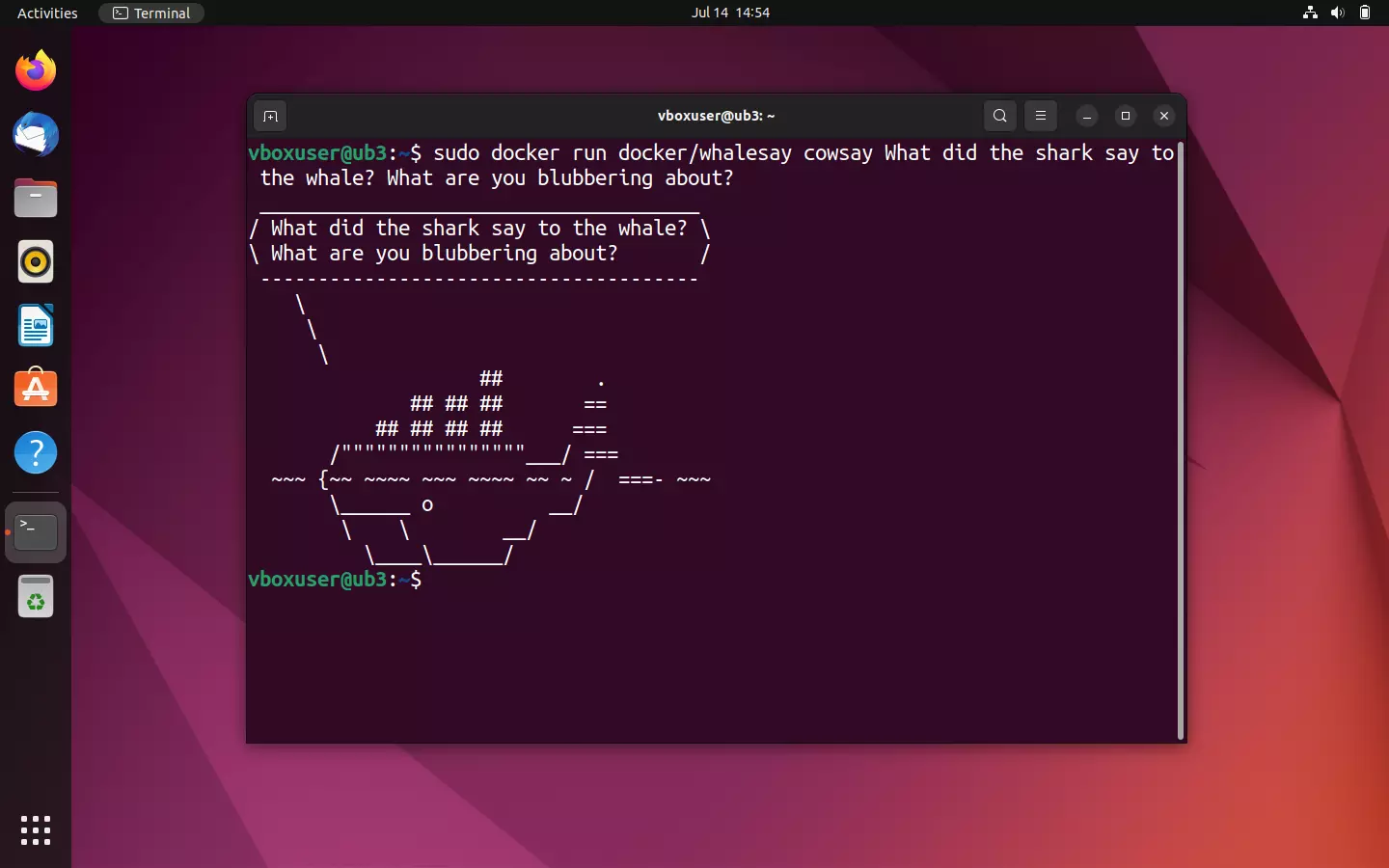 Imagem: Salida en la terminal del contenedor docker/whalesay: la ballena muestra un mensaje de texto personalizado