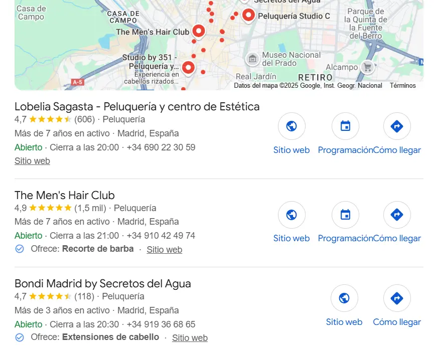 Imagem: SEO local en Google: resultados de la búsqueda “peluquería centro de madrid”