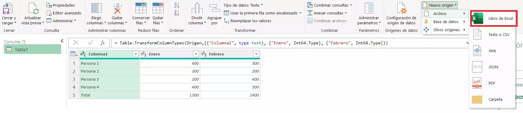 Ve a “Nuevo origen” e importa la segunda tabla a través de “Archivos” y “Libro de Excel” Imagem: Ve a “Nuevo origen” e importa la segunda tabla a través de “Archivos” y “Libro de Excel”