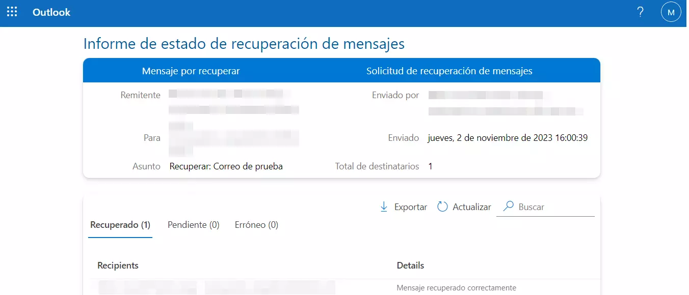 Imagem: Informe de una solicitud de recuperación de mensaje con éxito