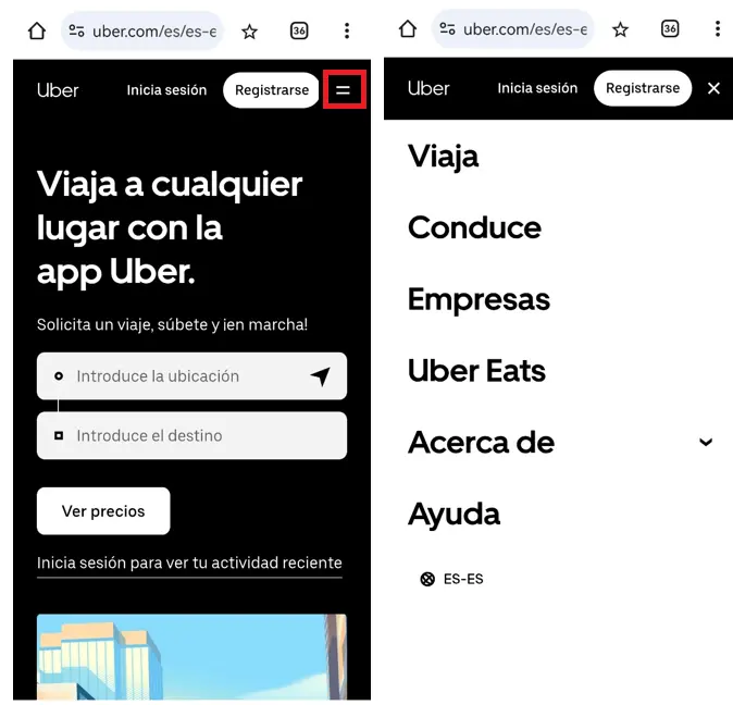 Imagem: Menú de navegación off canvas en la página web de Uber