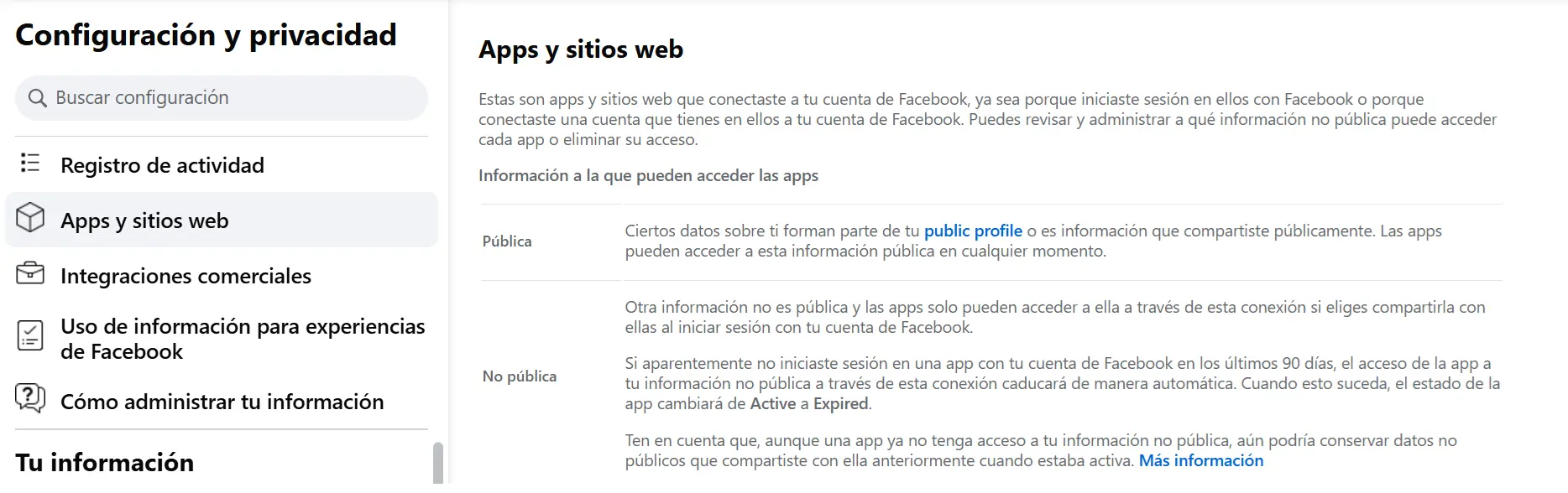 Imagem: Menú de Facebook “Apps y sitios web”