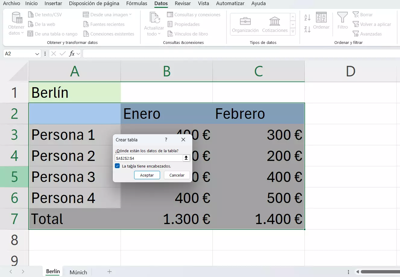 Abrir el Power-Query-Editor haciendo clic en “Datos” y “De una tabla o rango” Imagem: Abrir el Power-Query-Editor haciendo clic en “Datos” y “De una tabla o rango”
