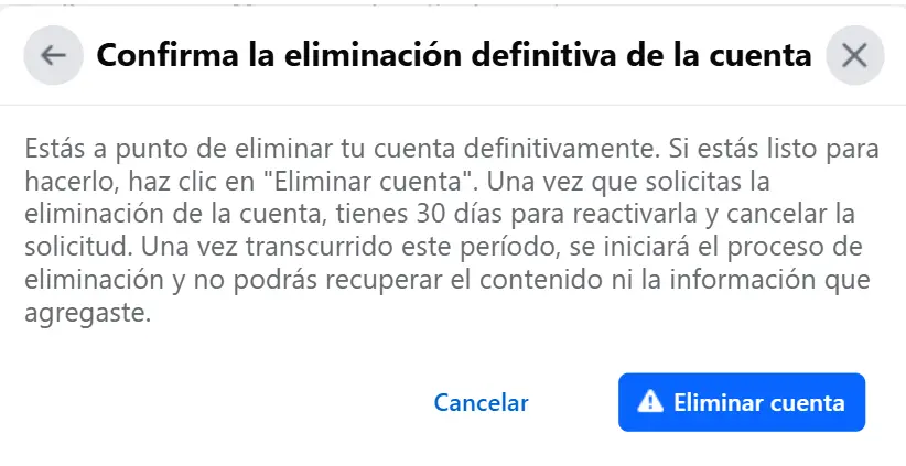Imagem: Facebook: confirmar eliminación de la cuenta