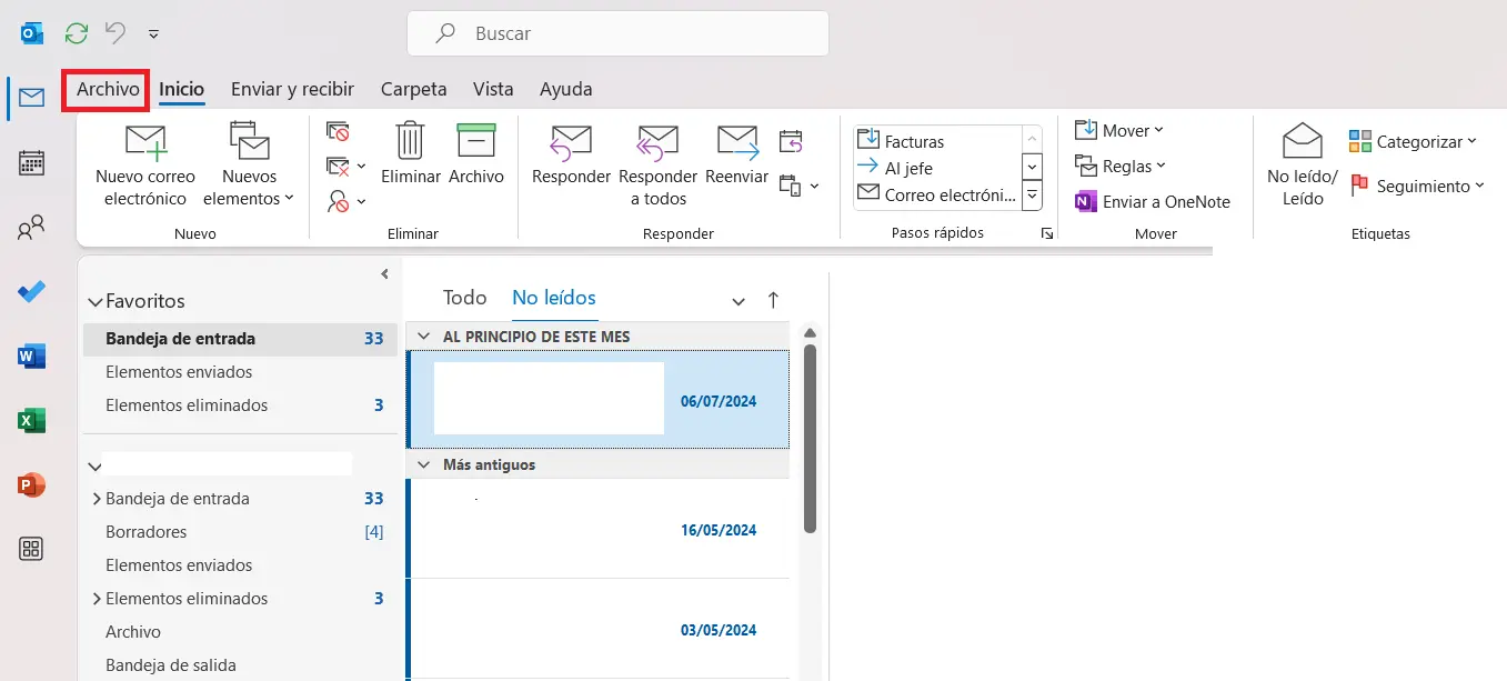 Imagem: Outlook 365: carpeta de entrada “No leídos”