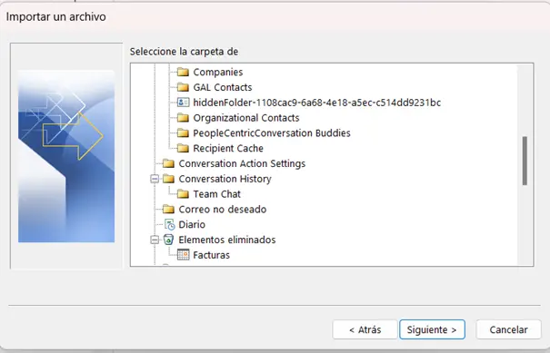 Imagem: Asistente de importación/exportación en Outlook 365: selección de la carpeta de destino de la importación