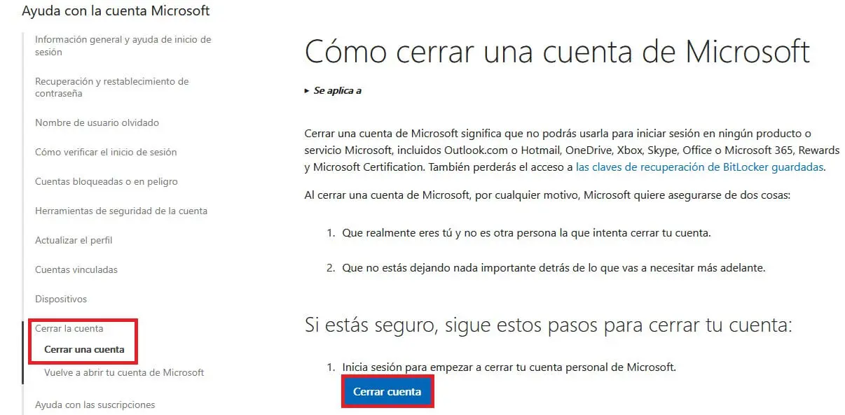 Imagem: Cómo cerrar una cuenta de Microsoft