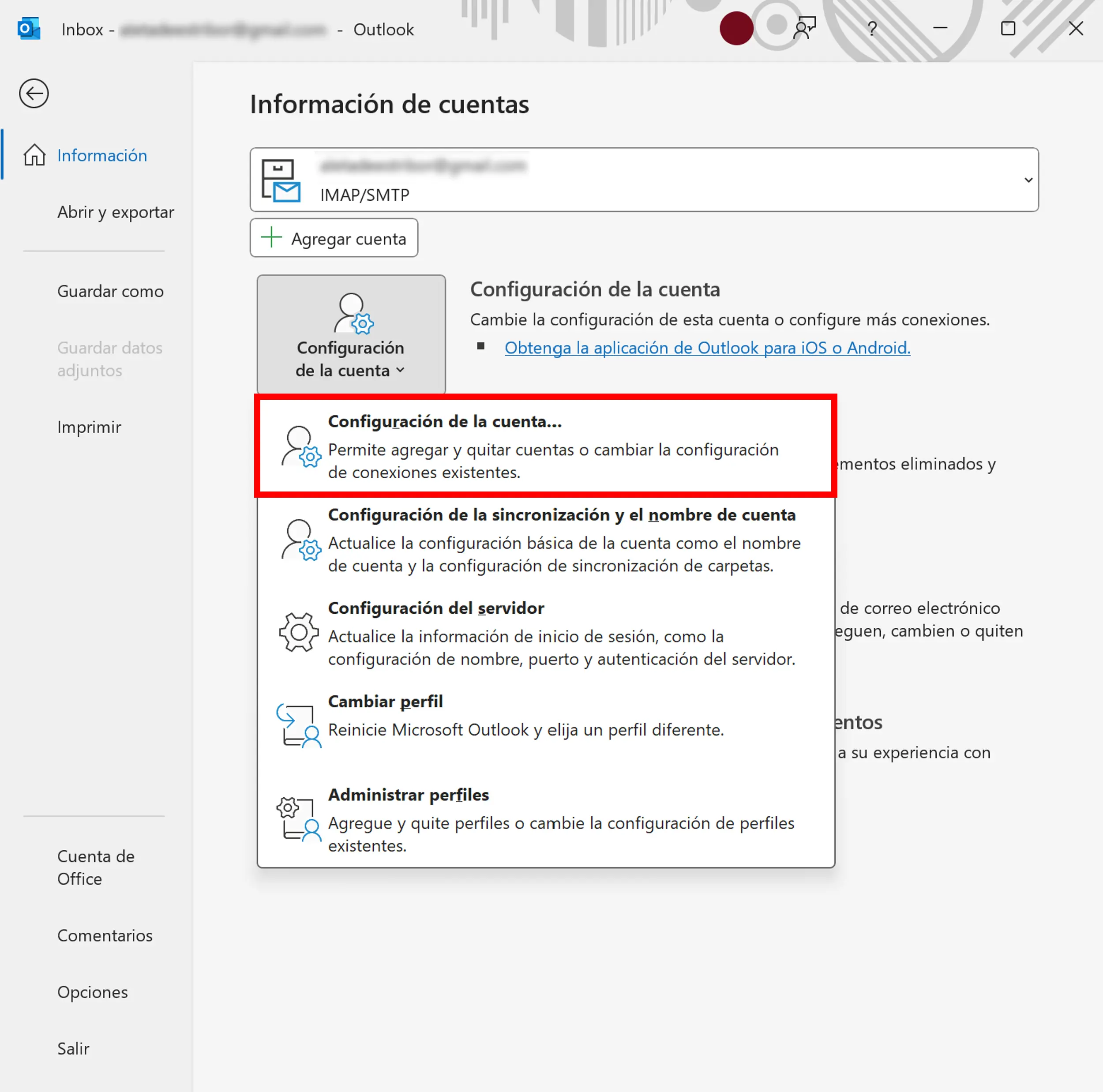 Imagem: Outlook Desktop: información de la cuenta en la pestaña “Archivo”