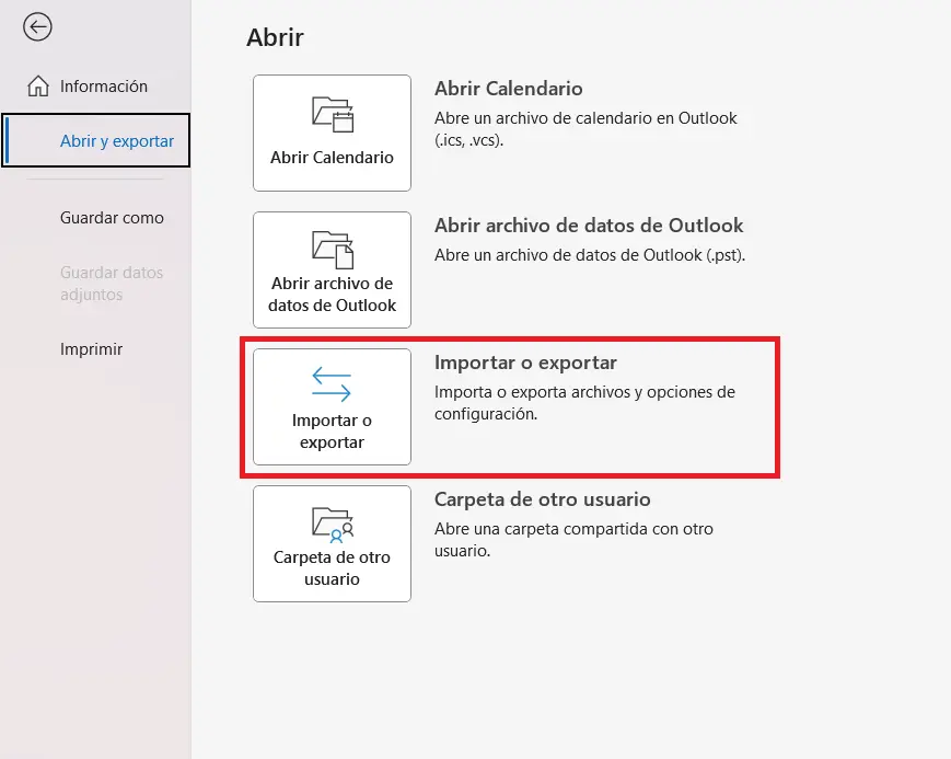 Imagem: Submenú “Abrir y exportar” en Outlook 365