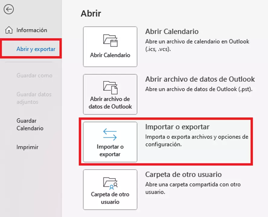 Imagem: Opciones del menú “Abrir” en Microsoft Outlook