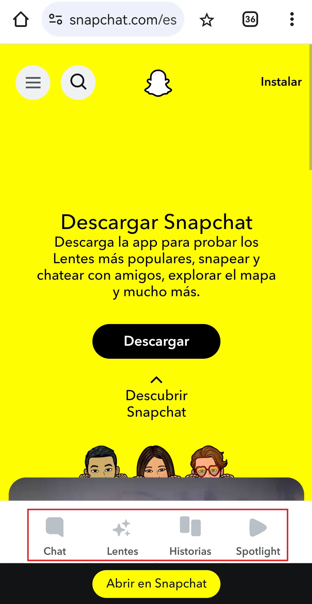 Imagem: Barra de navegación inferior de Snapchat