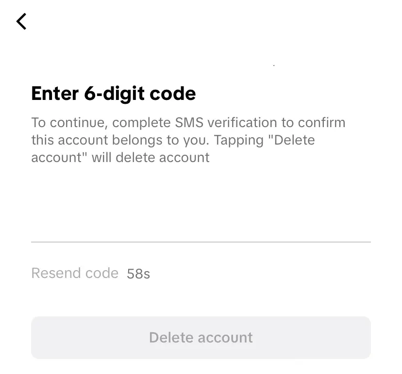 Imagem: Eliminar TikTok: campo para introducir el código de confirmación
