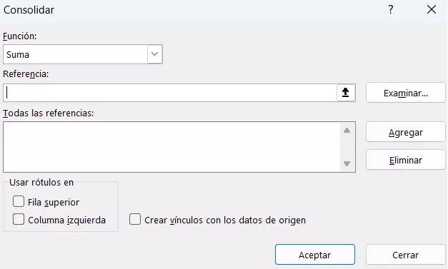 El menú “Consolidar” en Excel Imagem: El menú “Consolidar” en Excel