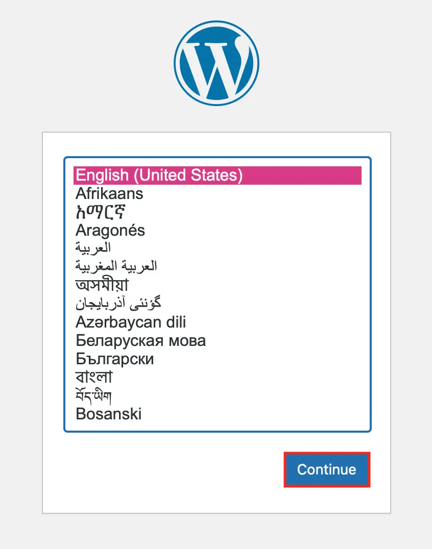Image: Screenshot showing the WordPress language selection