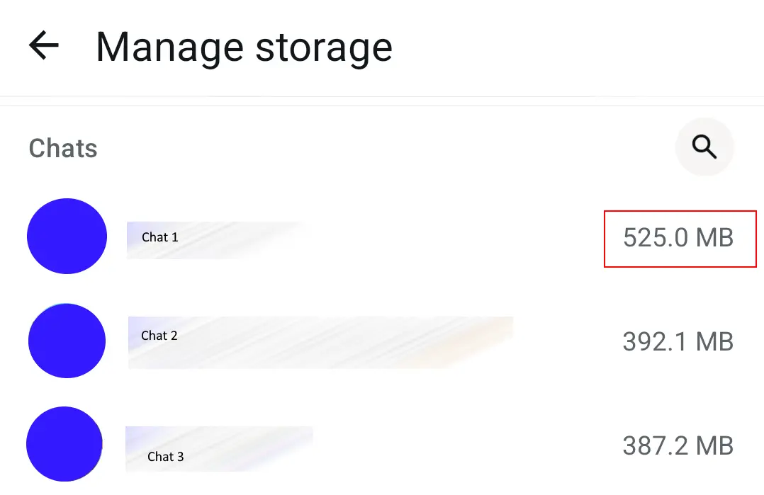 Image: Android screenshot of managed storage focusing on contacts you exchange files with most
