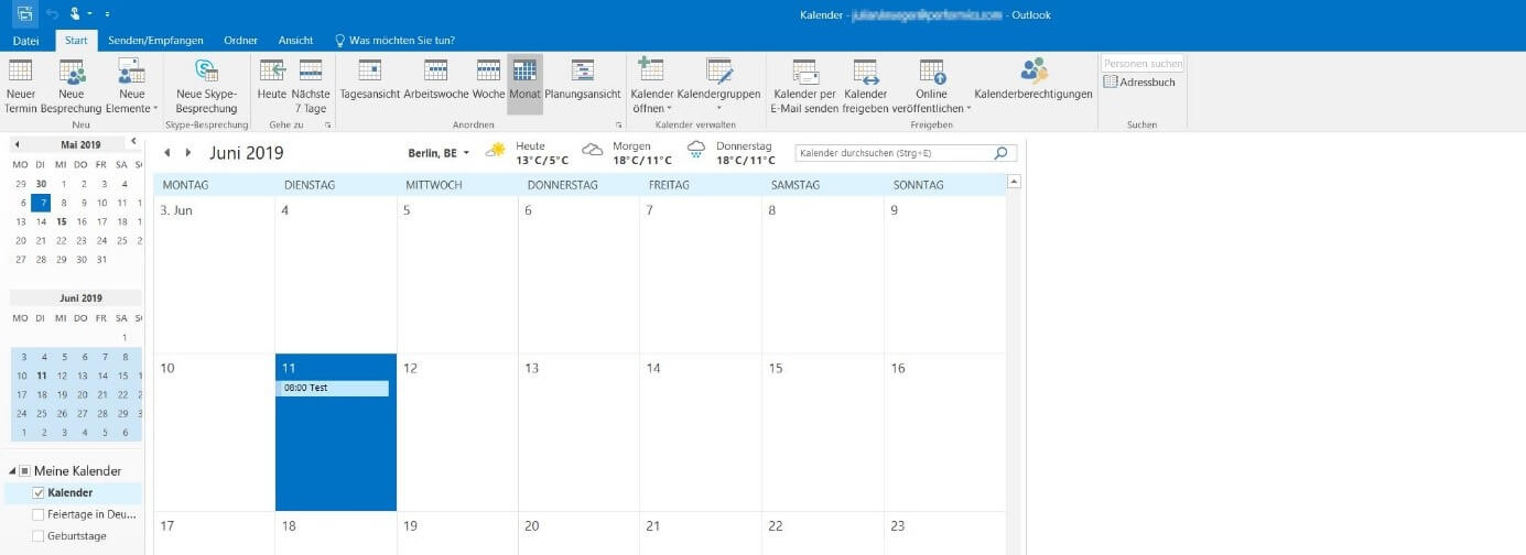 Microsoft Outlook: Calendar view