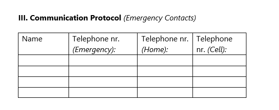 Crisis management plan: Example of list of contacts to reach out to during crisis