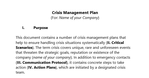 Crisis management plan: Example of opening paragraph