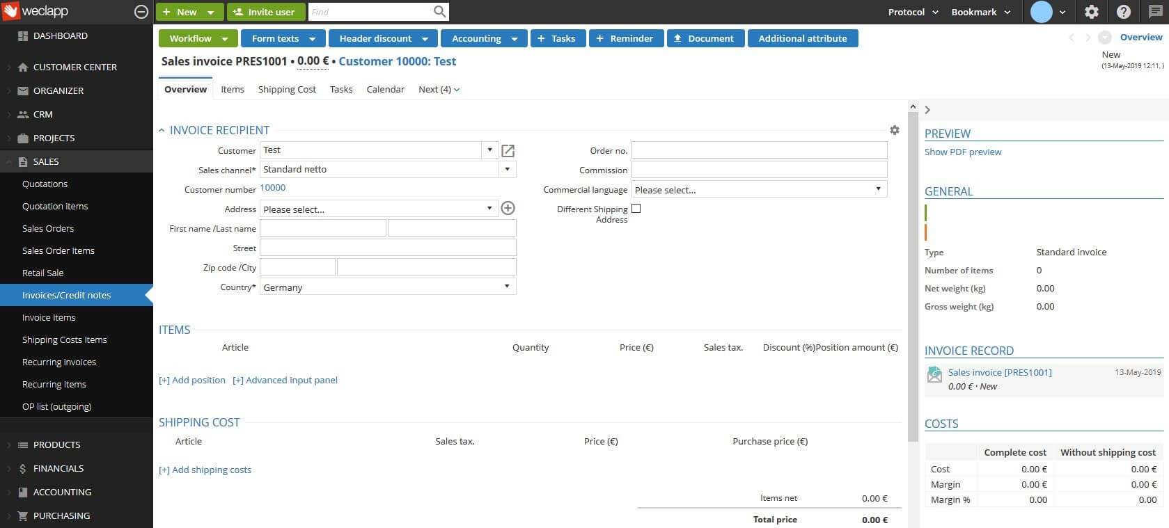 Invoicing in the weclapp web application
