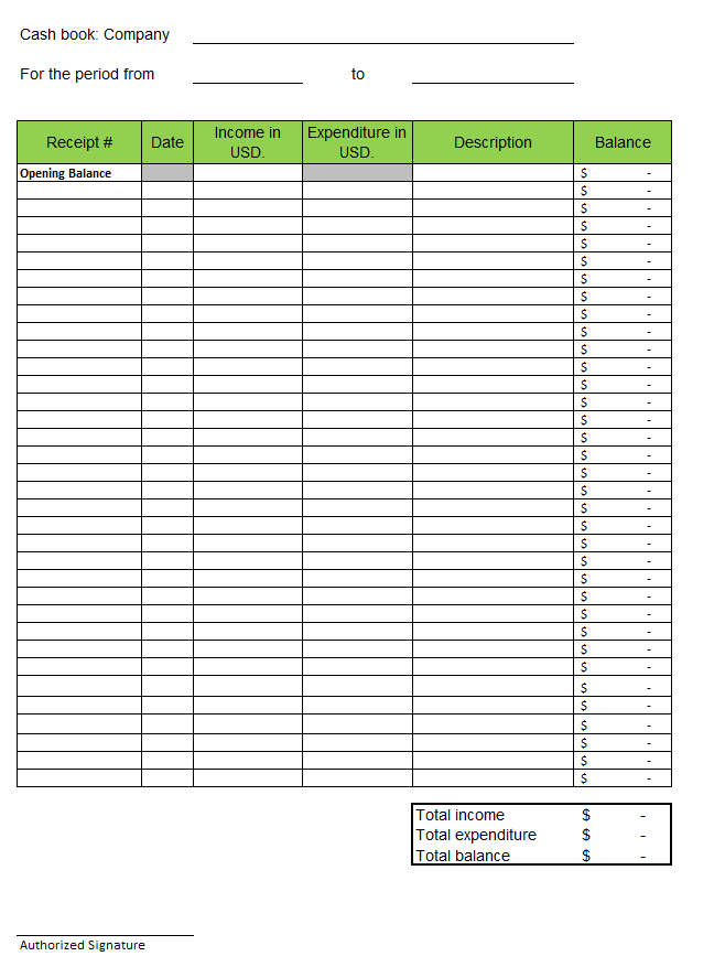 Cash book template for Excel