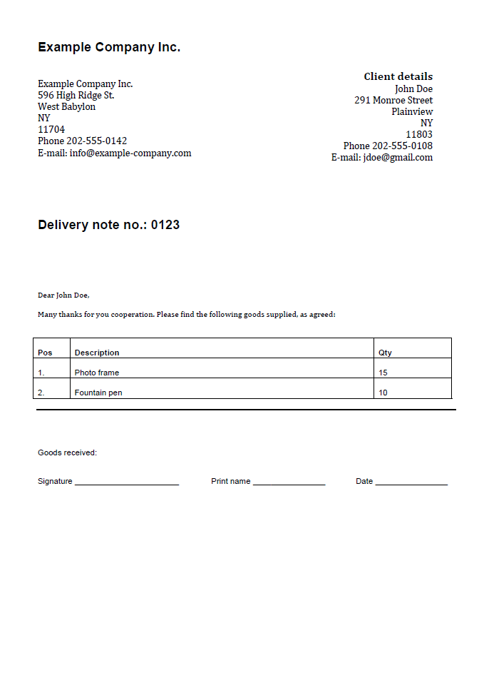 Delivery note template for Word 