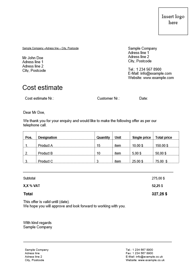 Screenshot of a cost estimate template for Microsoft Word