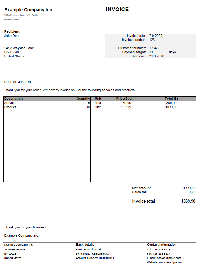 Small business invoice template