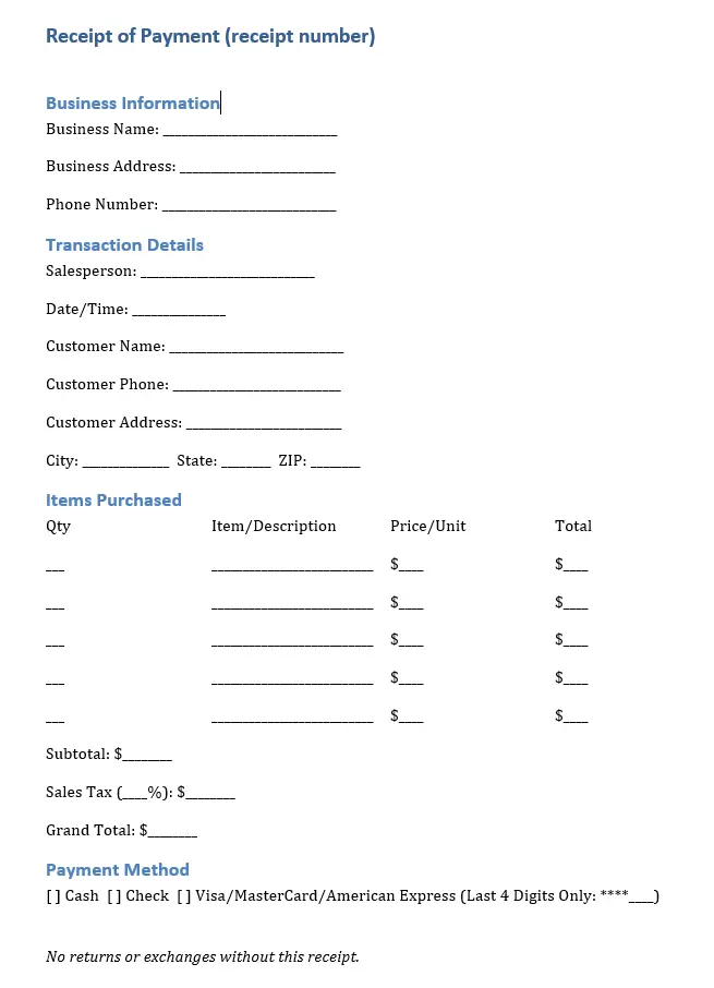 Image: Example of a receipt template in Word